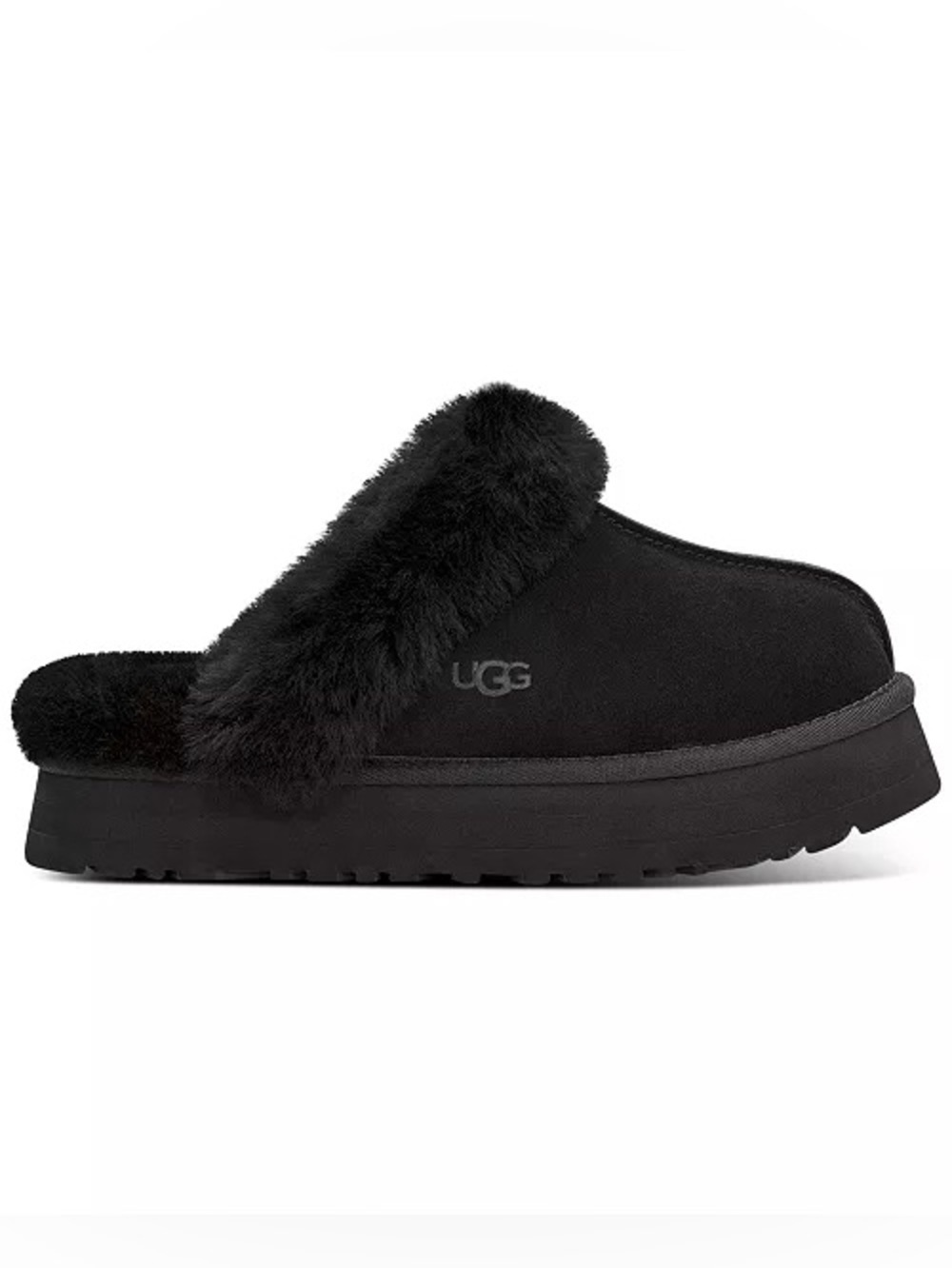 🔥 🆕 UGG Women's Disquette Clog Slipper Black Fur-Trim Slide Slippers size 10